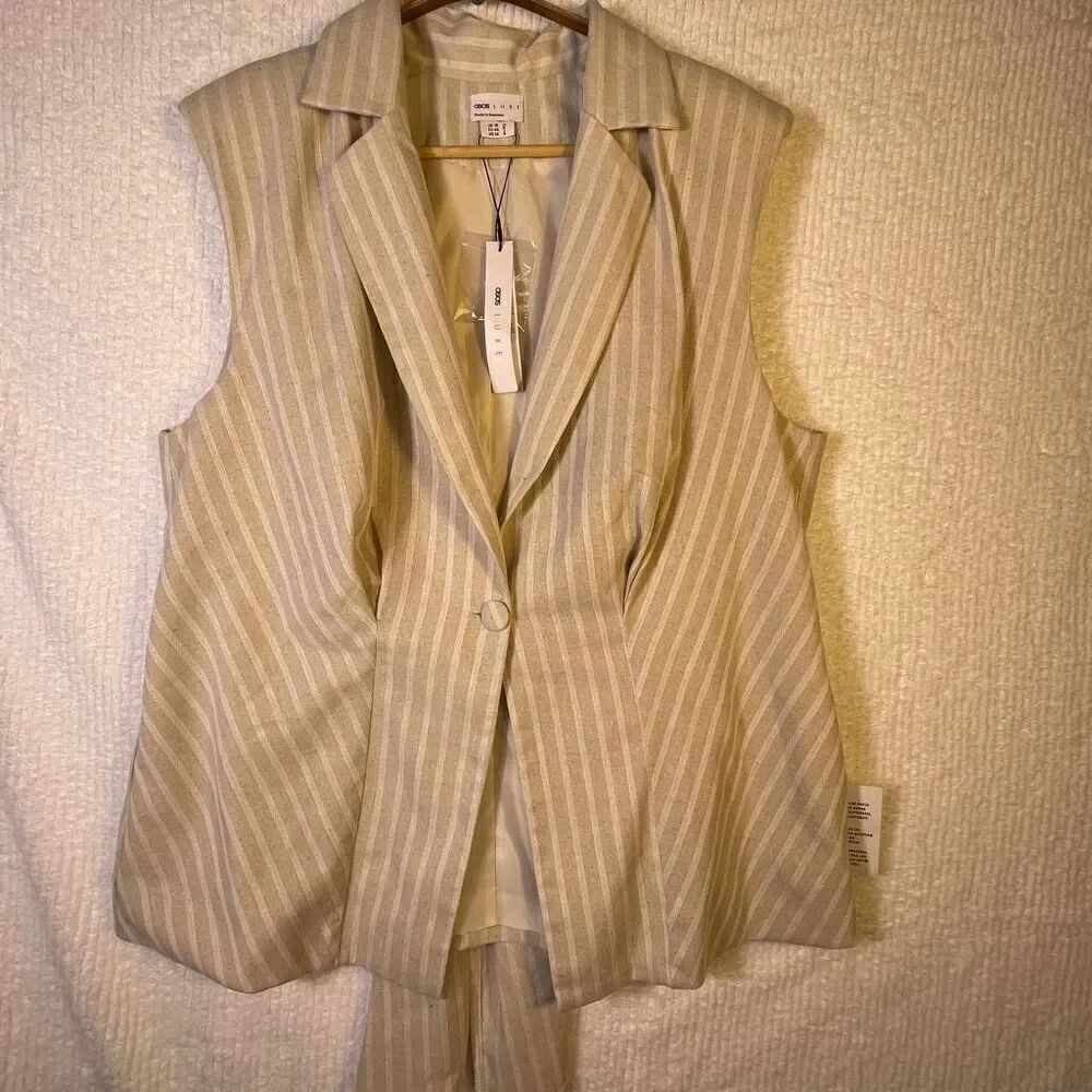 ASOS Design Beige White Stripe Sleeveless Blazer Vest Size 14 NWT